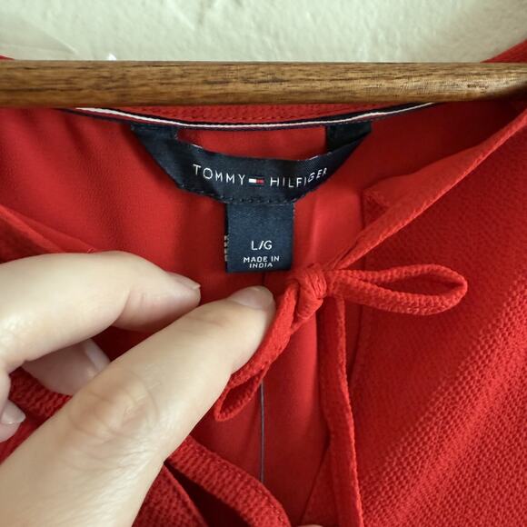 NWT New Tommy Hilfiger Size Large Blouse - Red Short Sleeve Bow - Picture 7 of 9
